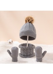 New Winter Hat Scarf Gloves Set For Kids 0-3 Years Boys Girls Children Cotton Warm Pom Poms Hat Sets Solid Color Cute Hat Scarf