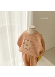 2022 New Children's Casual Clothes Set Boys Girls Bear Sweatshirt + Pants 2 Pieces Suit Solid Color Cotton Kids Baby Clothes