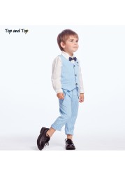 Best and top spring and autumn baby boy gentleman suit white shirt with bow tie striped jacket trousers 3pcs formal kids clothes set