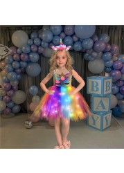 Girl Unicorn Dresses for Girls Tutu Princess Party Dresses with LED Lights Flower Birthday Party Cosplay Costume Girls Clothing