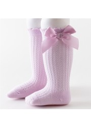 Newborn Baby Girls Solid Bow-knot Socks Breathable Mesh Cotton Knee High Leg Warmer Summer Infant Baby Soft Socks Clothes