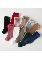 11 Color Spanish Style Baby Toddlers Socks Autumn Winter Children Girls Knee High Long Sock 100% Cotton Big Bow Kids Floor Socks