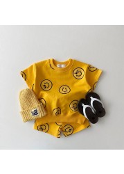 2021 Summer New Cotton Baby Clothes Set Boys and Girls Cute Smiley Print Tops + Shorts 2pcs Kids Children Clothing Suit