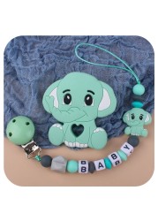 Customized Name Newborn Infant Baby Pacifier Clips Chain Elephant Silicone Beads Toy Teether Toy Doll Baby Holder Pacifier Chain