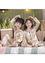 Silk Pajamas for Girls Boy Pajama Sets Summer Autumn Satin Long Sleeve Fashion Gray Pajama Toddler Kid Pajama Sleepwear Suit 3-14Y