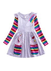 Girl Long Dresses New Autumn Spring Cartoon Girl Dress Casual Cotton Embroidered Girls Long Sleeve Unicorn Dress 81035