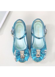 ULKNN-Children's leather shoes, casual high-heeled shoes with flowers and sequins, butterfly knot, blue, pink and silver, 2021