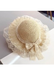 Bear Learner Kids Girls Hats 2022 New Fashion Summer Lace Flowers Caps Breathable Elegant Straw Hat Sunhat Lovely Baby Bonnet