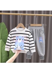 0-5 Years New Spring Children Girls Boys Cartoon Striped T-shirt Sports Pants 2pcs/set Kids Strips Toddler Clothes Cotton Suit