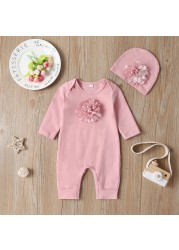 Newborn Baby Long Sleeve Romper 3D Floral Baby Onesie Jumpsuit Newborn Baby Clothes Set Hat Clothes Set