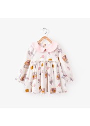 Baby Girls Spring Autumn Flower Printed Dresses Turn-down Collar Dress for Kids Children