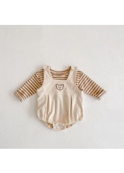 Baby Boys and Girls Clothes Long Sleeve Striped Top Bear Overalls Jumpsuit 2pcs Spring Newborn Baby Clothing Outfits