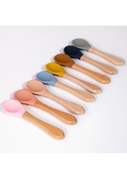 Wooden Feeding Handle Silicone Spoon For Baby Utensils Eat Soild Food Kids Training Ability Manipulation Children's Tableware