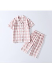 Pink White Girls Plaid Pajamas Set Summer Short Sleeve Top + Pants Baby Sleepwear Pajamas Toddler Sleepwear