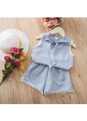 Kids Girl Plaid 2 Pieces Clothing Sets 2022 New Summer Fashion Lattice Bowknot Suits White Sealing Children Clothes Outfit