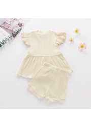 Muababi 1-5Years Children Girls Clothing Sets Summer Kids Girls Ruffles Sleeve Cotton Stripe T-shirt Tops+Shorts Casual Clothes