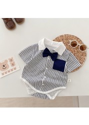 Summer 2022 Infant Boys Short Sleeve Bowtie Lapel Collar Gentleman Birthday Party Baby Bodysuits Rompers Toddler Outfits