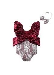 2022 Cute Ruffled Girls Swimwear With Bow Headband Kids Backless Bathing Suit Kids Beachwear