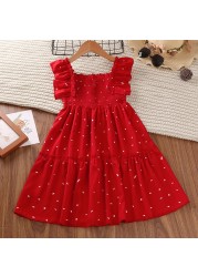 Girls Dot Red Dress Summer 4-11Y Young Children Square Collar Casual Clothing Kids Knee Length Short Sleeve Princess Dresses New