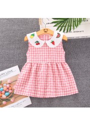 Summer Toddler Girls Sweet Dress 2021 New Casual Fashion Kids Plaid Skirt Baby Peter Pan Collar with Fruit Printed Clothing