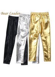 Bear Leader 2022 Spring New Style 4-8 Years Slim Gold Black Red Silver Kids Leather Pants Baby Girls Boys