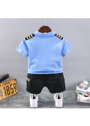 New Summer Baby Boys Handsome Captain Clothing Sets Baby Girls Print Cotton T-shirt + Shorts 2pcs Sets Kids Infant Clothes