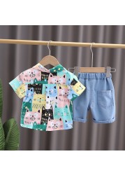 Baby Boy Boys Clothes Cotton Short Sleeve Animal Print Gentleman T-shirts Short Jeans Set Baby Outfits Boy's Clothing Suit