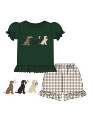 Baby Boys Clothing Sets Cute Dark Green Three Dog T-shirt + Coffee Lattice Casual Sports Shorts 1-8T Kids Outfits For Summer