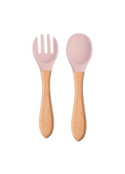 2pcs silicone tips baby feeding training spoon and fork set with wooden handle