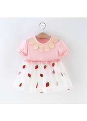 Cute Summer Short Sleeve Strawberry Print Dress Baby Kids Holiday Party Dresses Tulle Princess Dress For Girls