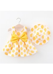 Cute Girls Dress New Summer Baby Boy Dresses Cute Sleeveless Bowknot Baby Dress Girls Dot Print Princess Dress Hat Set