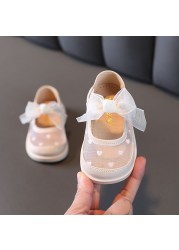 Spring Summer Girls Leather Shoes Cute Bow Fashion Breathable Mesh Baby Girl Shoes First Walkers Pink White