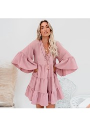 2022 Summer Clothes Pregnant Women Sweet Short Flare Sleeve V-neck High Waist Maternity Chiffon Dress Korean Style A-Line