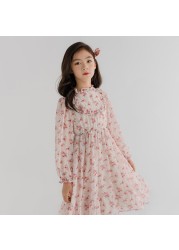 Long Sleeve Girls Dress 2022 Spring Summer New Korean Girls Dress Floral Chiffon Princess Dress Collage Style Kids Clothes