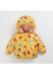 Cartoon Dinosaur Flower Print Hooded Cotton Down Jacket Baby Winter Cartoon Windproof Coat Hooded Warm Outerwear Jacket Freeship