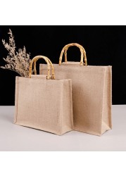 Portable Burlap Shopping Bag Jute Handbag Bamboo Ring Retro Carry Handles DIY Handbag Women Large Size Beach Bag for Girls