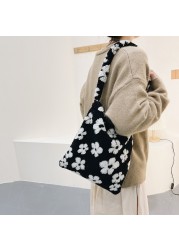 Stylish design plush flower pattern women tote bag casual handbags large capacity ladies designer shoulder bag simple female bag