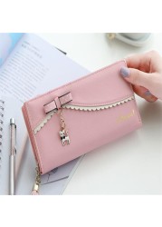 PU long wallet leather wallet women card holder purse sweet bow cute cat pendant tassel ladies clutch phone money coin bag portemonny