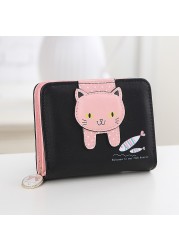 Card Portable Hasp Coin Zipper Closure Gift Cute Cat Money Folding Short PU Leather Cartoon Women Wallet