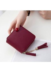 Zipper Closure Soft Short With Tassel Drop Smooth Daily Solid Square PU Leather Fashion Women Wallet