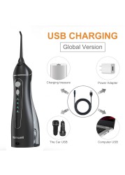 Mornwell Portable Oral Irrigator with Travel Bag Water Flosser USB Rechargeable 5 Nozzles Water Jet 200ml Waterproof Water Tank