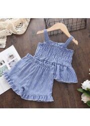 Bear Leader Baby Girls Clothes Sets Summer Plaid Print Girl Sleeveless T-shirts Vest Pants 2pcs Casual Outfits Kids Clothes