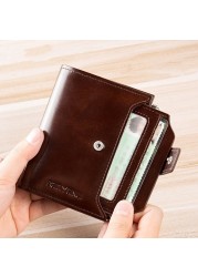 Men's Genuine Leather RFID Blocking Trifold Wallet Short Vintage Multifunctional Credit Card Holder Coin Zipper Pocket Money Bags