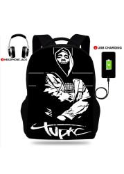 USB Port Book Bag Student School Bag For Boys Girls Travel Rapper Tupac Backpack