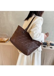 Women Exquisite PU Leather Embroidery Thread Tote Bag Designer Diamond Lattice Top Handle Bag Large Capacity Handbags