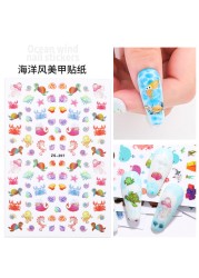 LEAMX Ocean Cute Glitter Laser Nail Art Marine Animal Shell Turtle Fish Starfish Nail Sticker Slider 9D Nail Sticker Decoration