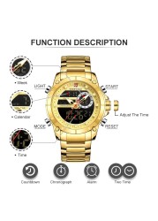 NAVIFORCE Men Military Sports Wrist Watch Gold Quartz Steel Waterproof Dual Display Male Clock Watches Relogio Masculino 9163