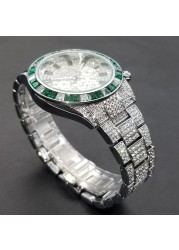 MISSFOX Ice Out Men's Wristwatch Luxury Green Diamond Calendar Quartz Wristwatch Hip Hop Fashion Waterproof Man Watch 2022 New