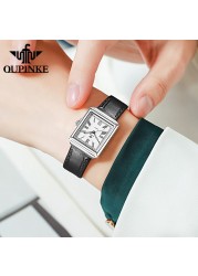 OUPINKE Luxury Brand Quartz Fashion Wrist Watch Casual Square Watch for Women Sapphire Leather Strap Dress Watch Ladies Gifts