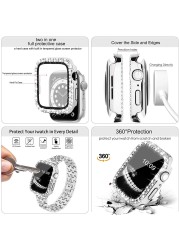 Women's Diamond Case + Strap for Apple Watch Band 7 6 41mm 45mm 40mm 44mm Metal Bracelet for iWatch Series 7 SE 3 Jewelry Cover